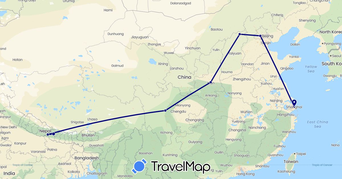 TravelMap itinerary: driving in China, Nepal (Asia)