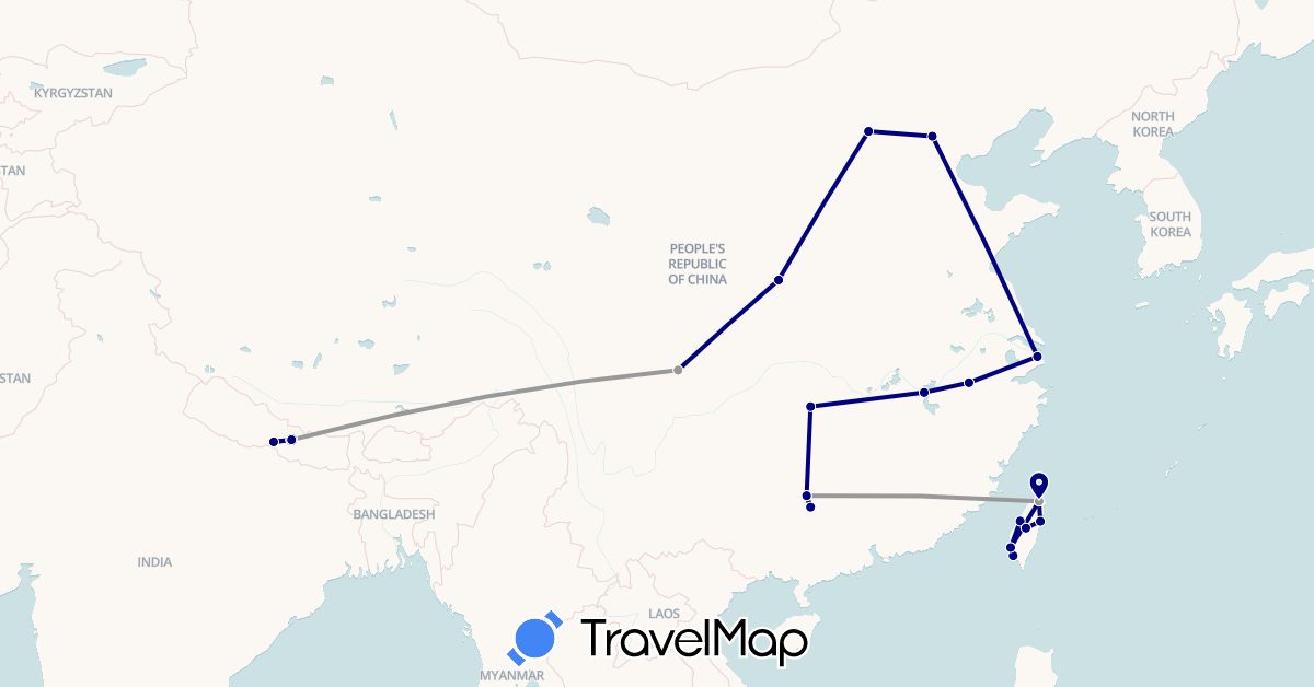 TravelMap itinerary: driving, plane in China, Nepal, Taiwan (Asia)